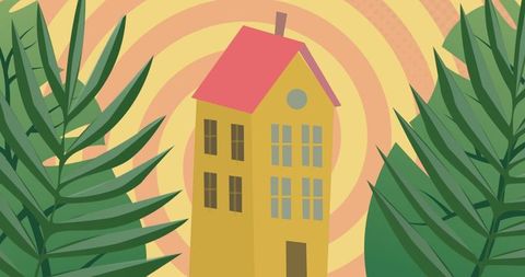 Whimsical Vibrant House Illustration with Tropical Leaves