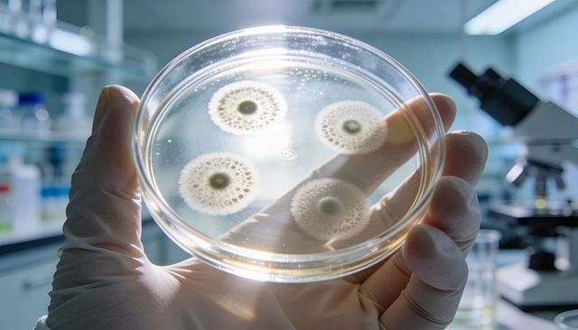 Holding gloved hand inspecting petri dish with radial fungal colonies on agar plate