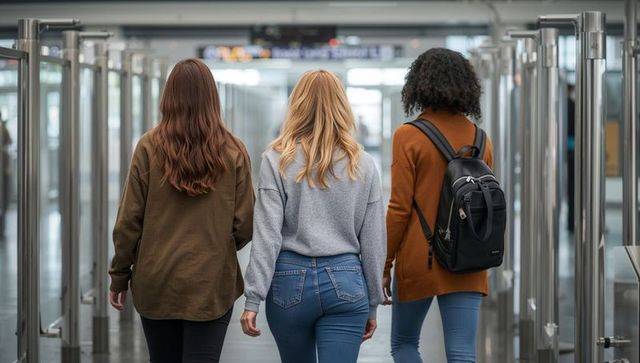 Three Friends Walking Through Airport Terminal Past Glass Security Gates