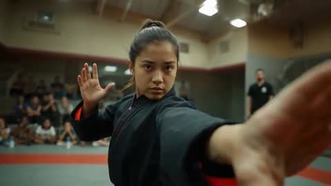 Teen Karate Student Performing Focused Kata During Tournament with Judge and Audience