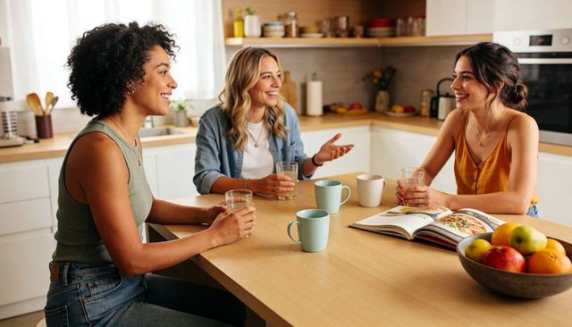 Three women chatting and laughing around sunlit kitchen island with cookbook and fruit