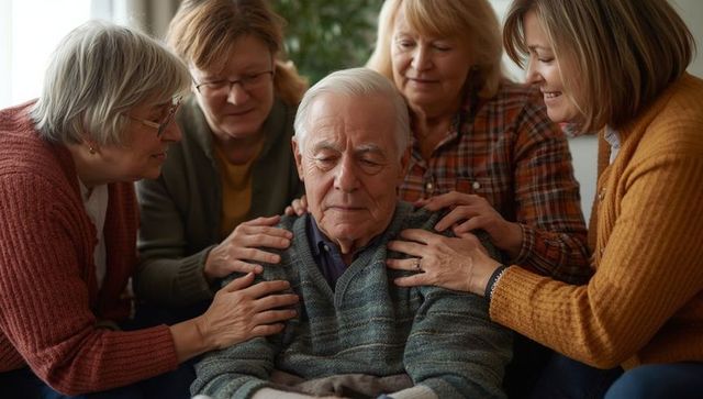 Family Moments: Daughters Comforting Retired Father at Home
