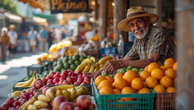 Smiling senior fruit vendor in straw hat arranging colorful oranges apples bananas market