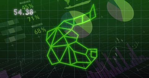 Neon wireframe bull charting market rise on futuristic trading dashboard with data visuals