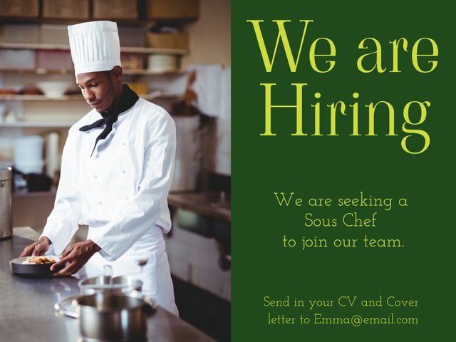 Image shows a chef preparing food in a professional kitchen with a hiring announcement for a sous chef position. Ideal for use by restaurants, culinary schools, and job recruitment agencies. Useful for job posting adverts, career opportunity flyers, and chef recruitment campaigns.