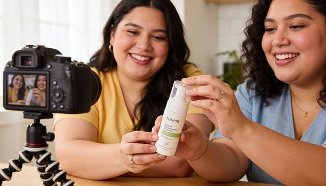 Two women recording skincare demo with dslr on tripod in bright kitchen for social media