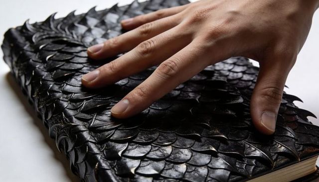 Male hand resting on black scaled notebook closeup tactile texture journal concept