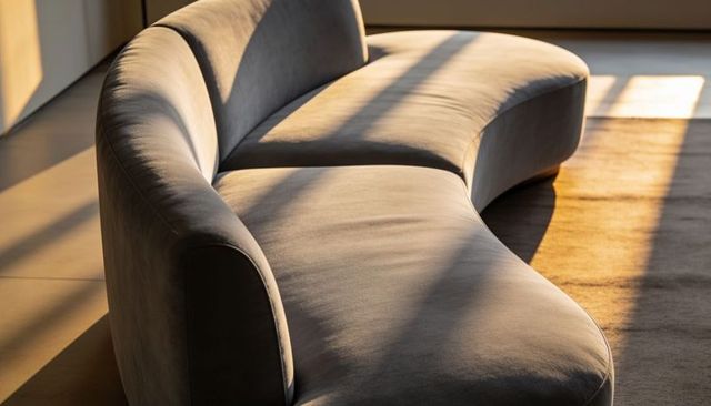 Curved light-gray velvet sofa bathing in warm diagonal sunlight on wood floor