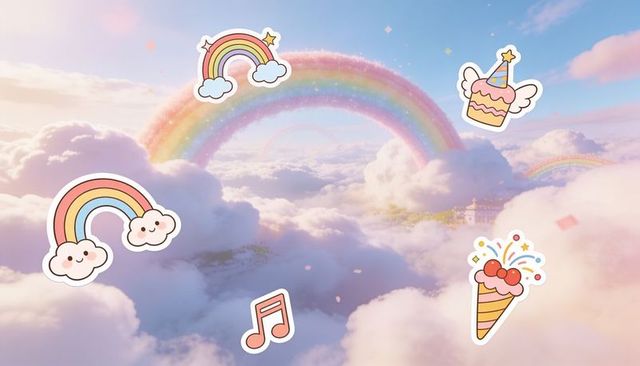 Pastel rainbow over dreamy cloudscape with cute kawaii sticker elements and sunrise glow