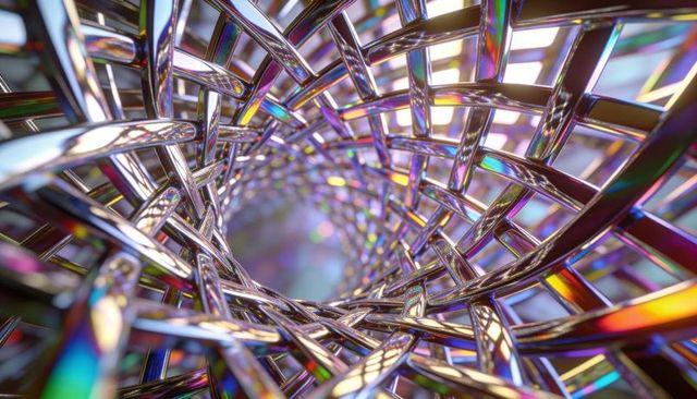 Twisting iridescent chrome lattice forming spiral tunnel, reflective macro abstract