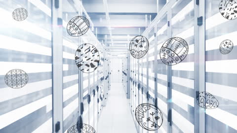 Data Servers Float with World Map and Graphics Overlay