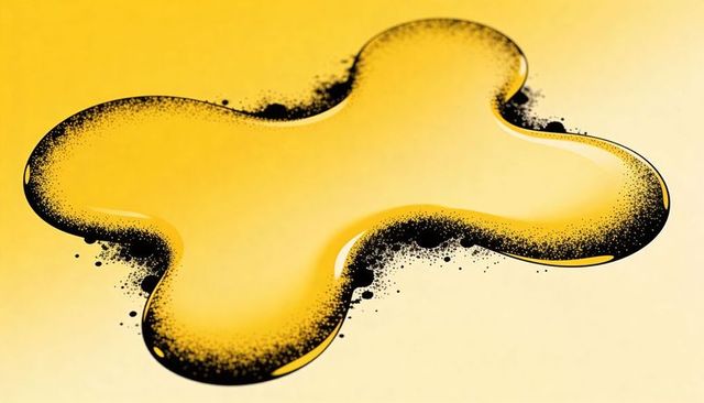 Glossy yellow liquid splatter with black speckled rim and reflective sheen