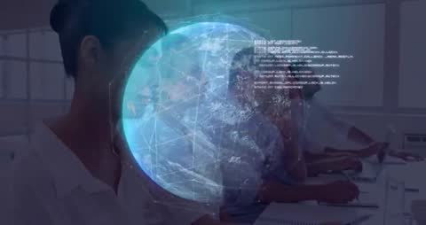 Business Team Engaging with Holographic Globe for Virtual Collaboration