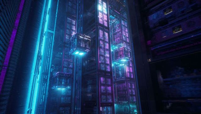 Futuristic Automated Warehouse with Neon Lifts and Cargo