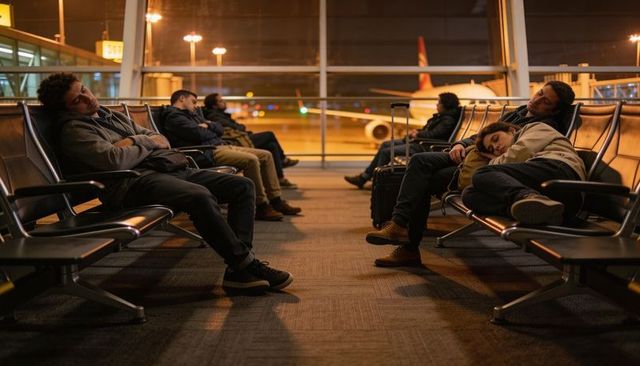 Overnight travelers sleeping at airport gate, reclining on chairs with luggage and jet