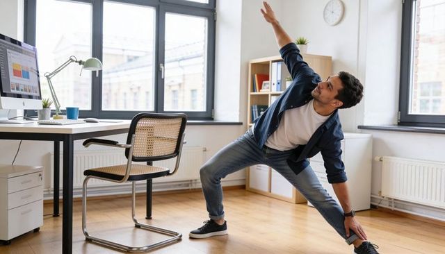 Man stretching at desk in bright modern home office during midday remote work routine