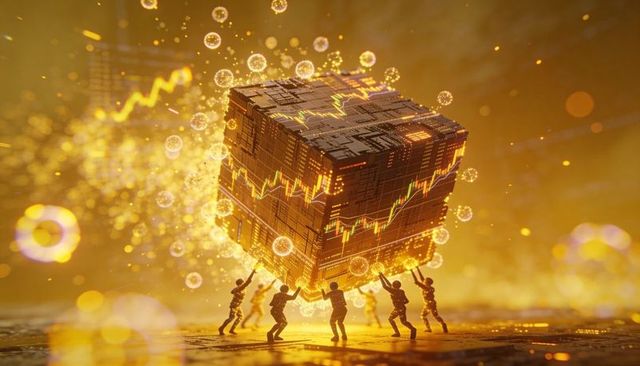 Futuristic Team Hoisting Glowing AI Data Cube with Circuitry and Stock Charts