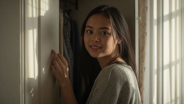 Sunlit asian woman standing at closet door smiling, soft window shadows and cozy wardrobe