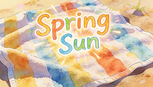 Watercolor striped picnic blanket on sandy beach with spring sun lettering