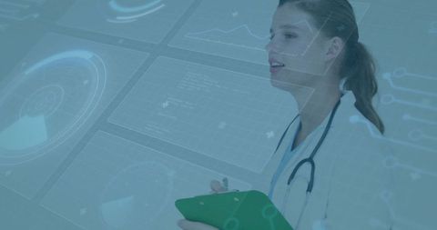 Female Doctor Holding Clipboard with Futuristic Holographic Medical HUD and Data Panels