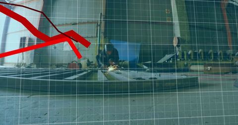 Financial Data Trends Overlaying Factory Setting Industrial Atmosphere