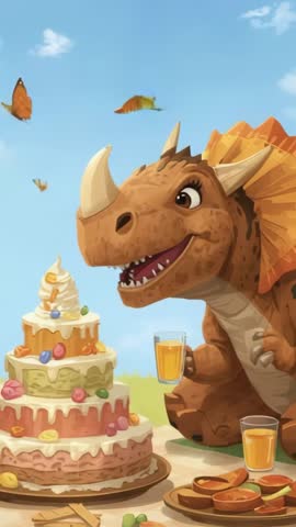 Triceratops enjoying picnic party with cake and butterflies vertical video for kids