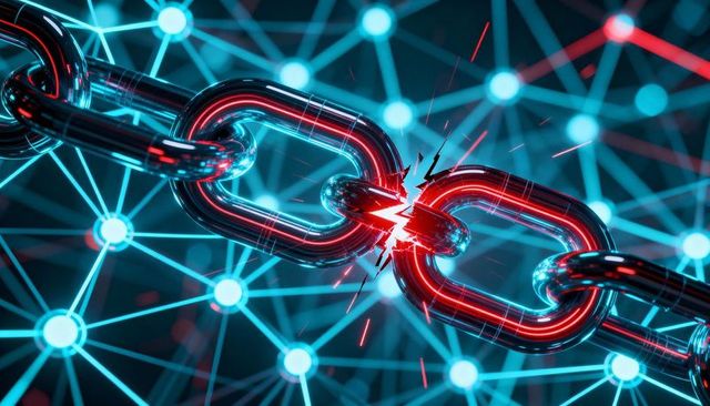 Breaking chain link in neon network visualizing cybersecurity breach and system failure