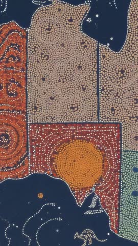 Vertical video capturing Aboriginal dot painting map motifs, vibrant palette, cultural patterns