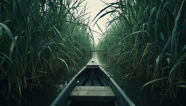 Gliding flat-bottom boat through narrow reed channel on misty wetland with reflective water