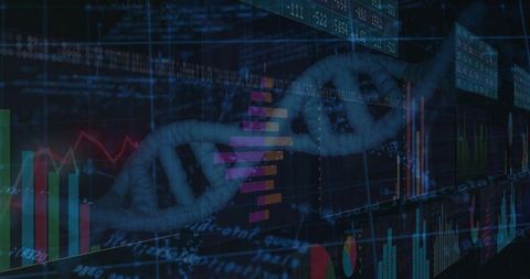 Futuristic dna data visualization with overlaid financial charts and holographic analytics