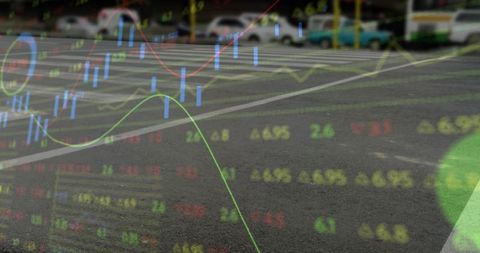 Urban crosswalk overlaying financial market charts, candlesticks and data analytics concept