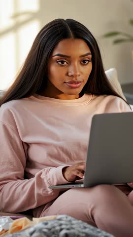 Vertical video woman powering laptop and typing on sofa while drafting report for remote work