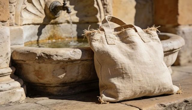 Sunlit jute tote leaning on carved stone fountain for rustic travel and market lifestyle