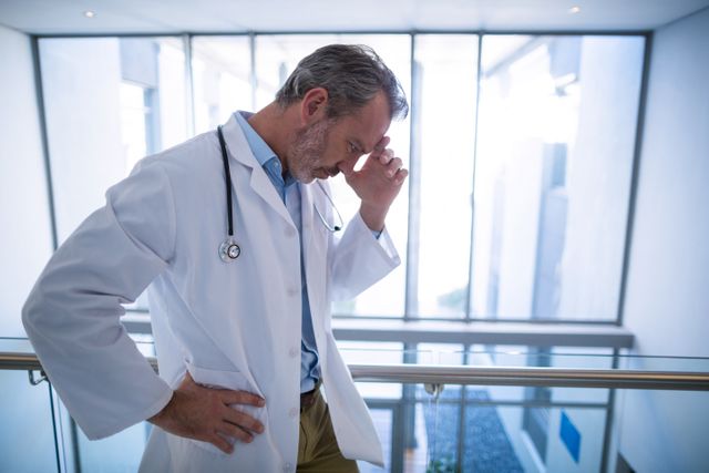 A male doctor in a white coat with a stethoscope around his neck stands in a hospital corridor, looking stressed and fatigued. This image can be used to depict the challenges and mental health issues faced by healthcare professionals, the demanding nature of the medical field, or the importance of support for medical staff.