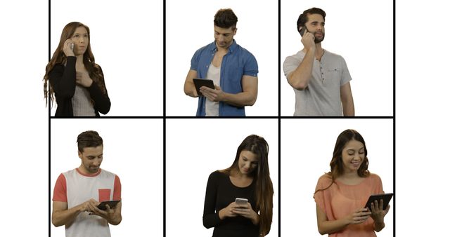 Diverse Group of Young Adults Engaging with Devices on White Background - Download Free Stock Images Pikwizard.com