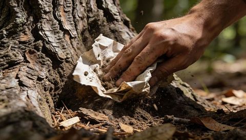 Scraping soil and leaf litter at tree root with bare hand and crumpled paper for sampling