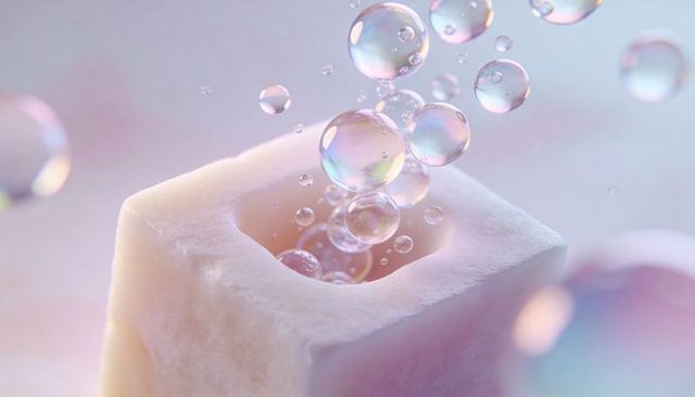 Iridescent bubbles emerging from soft foam cube with pastel bokeh and opalescent glow