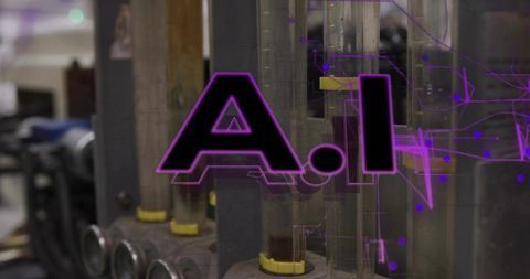 Ai overlay highlighting lab glass tubes manifold closeup with purple circuit schematic
