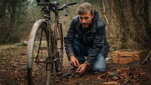 Kneeling man repairing rusted bicycle on autumn woodland trail with detached parts and toolbox