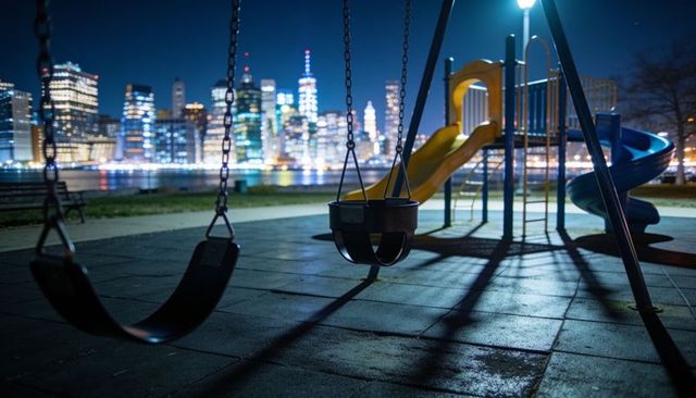 Empty urban playground at night with toddler swing, waterfront skyline reflections and lamplight