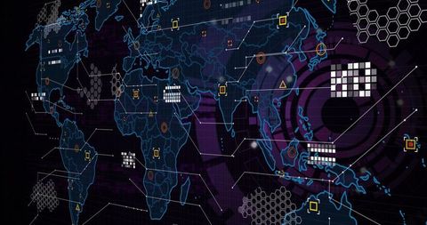 Global Cyber Network Dashboard Displaying Neon Map, Data Nodes, Grid and Analytics Panel