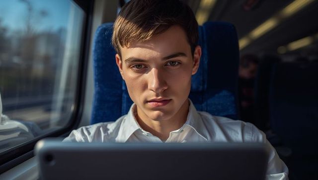 Young man working on tablet during train commute with sunlit face and focused expression