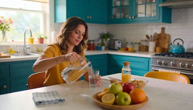 Woman pouring water at bright turquoise kitchen island with fruit bowl and orange juice