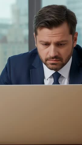 Executive in Navy Suit Reading Urgent Email on Laptop by Window Vertical Office Video
