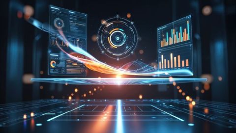 Futuristic holographic data interface with neon light waves