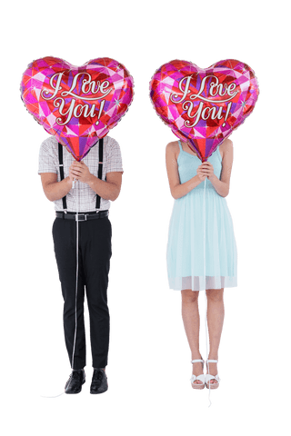 Transparent quirky couple holding heart balloons showcasing love