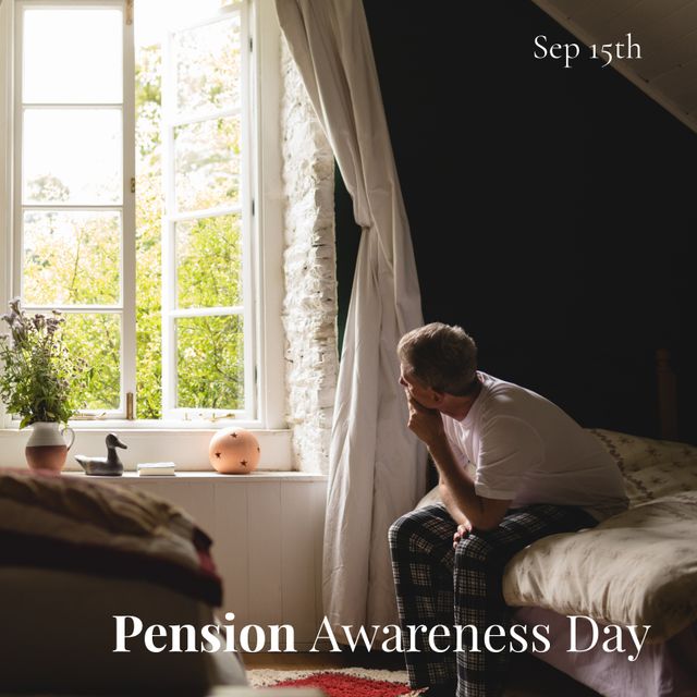 Digital composite image of caucasian senior man looking through window, pension awareness day text. Copy space, importance of pension, savings, raise awareness, financial wellbeing, retirement plan.