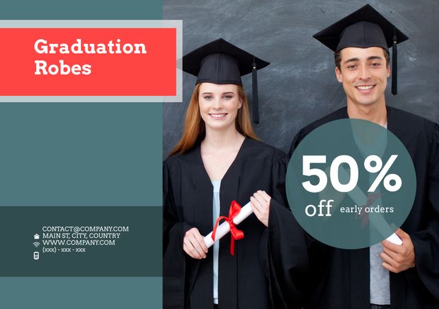Perfect for university promotions, showcasing a discount on graduation robes. Suitable for advertisements targeting graduating students, encouraging early trip orders with a limited-time offer. Ideal for use on school websites and social media campaigns to attract the attention of students planning for their big graduation day.
