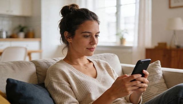 Young woman scrolling smartphone on sofa in cozy modern living room with neutral decor