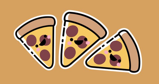 Illustration of three cute, cartoon pizza slices with smiling faces on a light brown background. Ideal for children’s menus, advertising, posters, stickers, or fun food-themed designs.